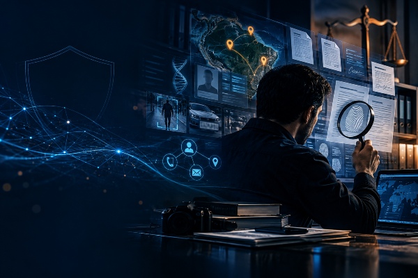 Cena de investigação forense digital com análise de impressões digitais, mapas e dados em telas